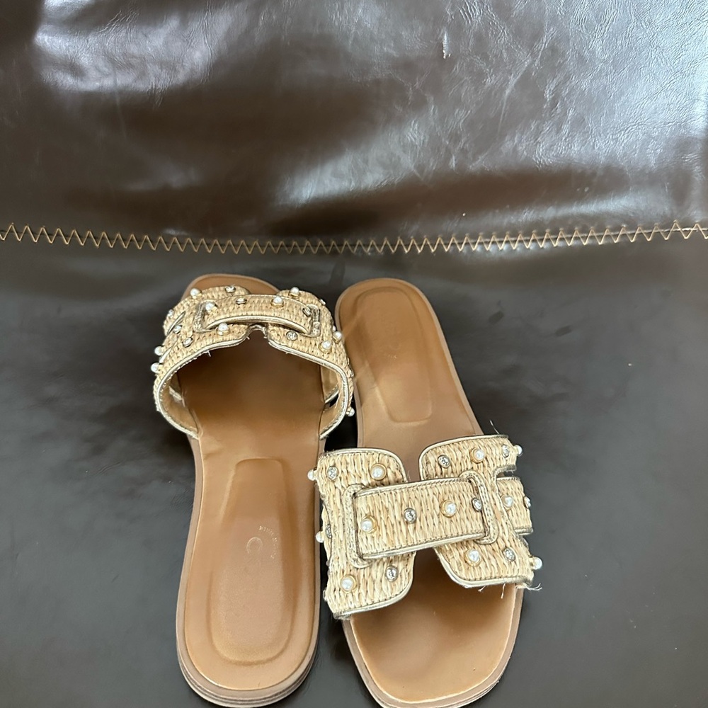Aldo Beige Embellished Slide Sandals